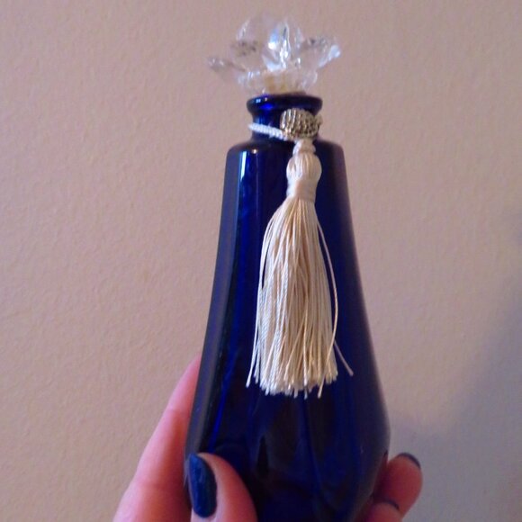 Vintage/Antique Perfume Scent Bottle W/Tassel & Stem cobalt blue crystal flower - Picture 4 of 8